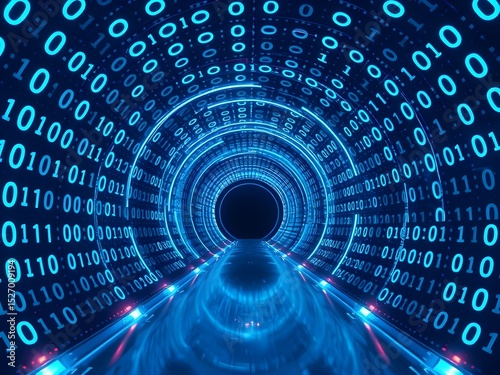 Futuristic digital tunnel of glowing binary code and flowing data streams, representing the complexity and immensity of the virtual and cyber world