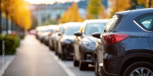 Wallpaper Mural Row of Parked Cars on City Street at Sunset, Showcasing Automotive Industry and Transportation Options for Commuting and Travel : Generative AI Torontodigital.ca