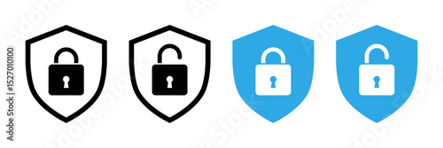 Security shield icons with lock and unlock symbols vector cyber protection and access control set in black and blue color.