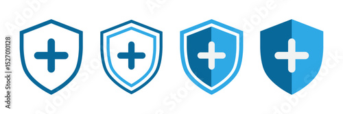 Security shield icons with plus symbol in blue color vector protection badges set.