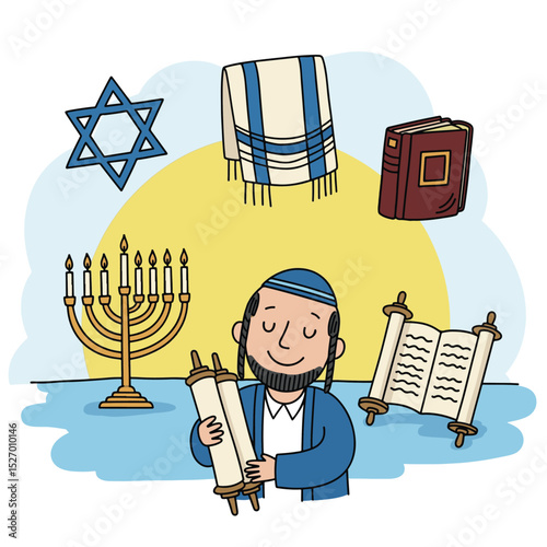 Simple Illustration of a Jewish Man Holding a Torah Scroll Surrounded by Jewish Symbols
