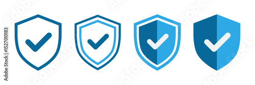 Security shield with tick mark icons in blue vector set.