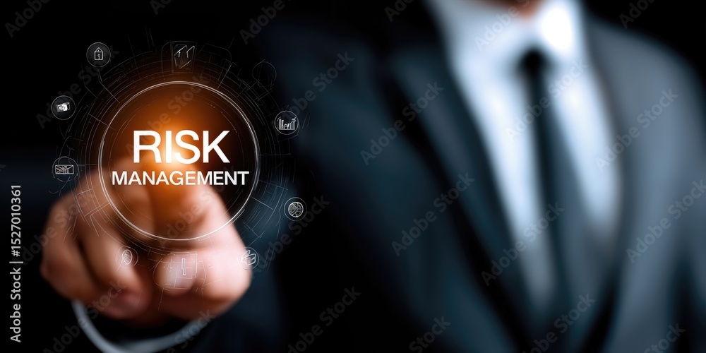 Obraz premium Businessman Touching Risk Management Interface, Representing Financial Strategy and Corporate Governance in Business Consulting : Generative AI