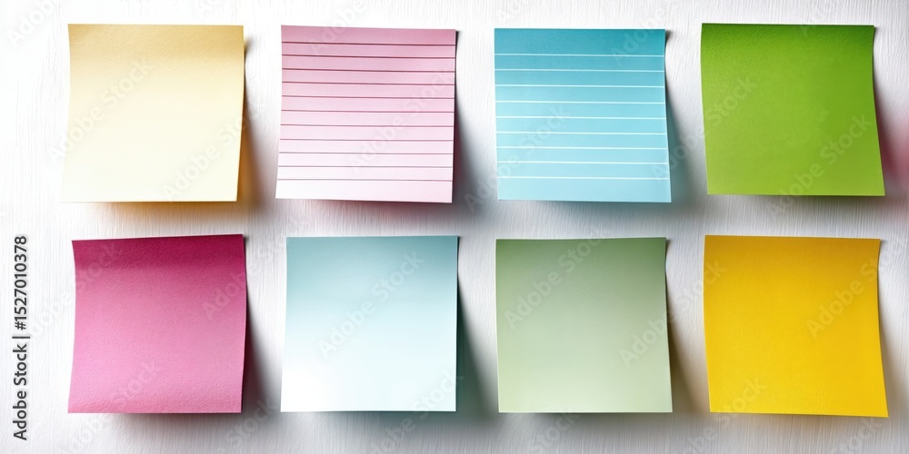 Naklejka premium Colorful Sticky Notes on White Wood, Representing Organization and Reminders for Project Management and Creative Brainstorming Sessions, Perfect for Office Communication : Generative AI