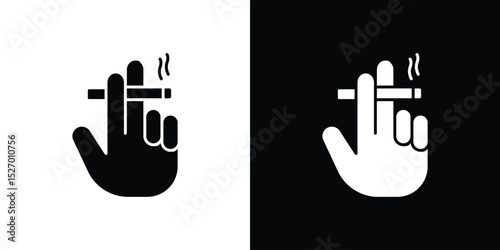 Hand holding cigarette icon in flat version on black and white background