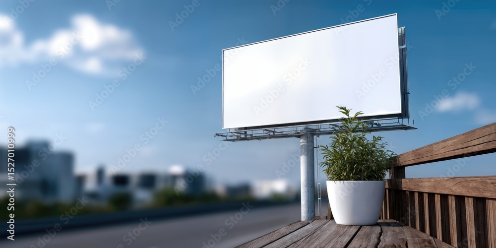 Fototapeta premium Blank Billboard Against Blue Sky, Perfect for Outdoor Advertising and Brand Awareness, With Plant on Wooden Bench for Sustainability Campaign : Generative AI