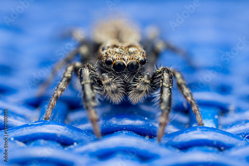 spider on a blue background - supermacro, closeup, big eyes and hairy body, refletions in the eyes
