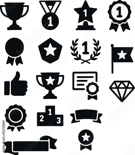 Bold award icons set with ribbons, certificates, flags and banners. Excellent for branding, excellence and competition visuals.