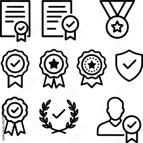 Clean outline icons of awards, ribbons, certificates and shields with check marks, ideal for quality, certification, and trust visuals.
