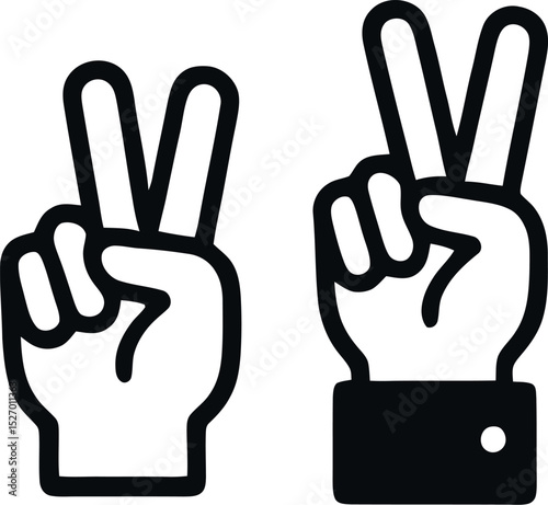 Victory hand gesture icon set in outline and solid style. Represents success, peace, approval, and communication in a modern minimal design.
