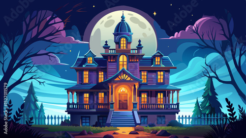 Victorian haunted mansion illuminated by candlelight under full moon