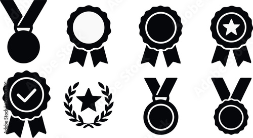 Solid award icon set with medals, badges and laurel wreaths. Great for showcasing excellence, ranking, and recognition visuals.