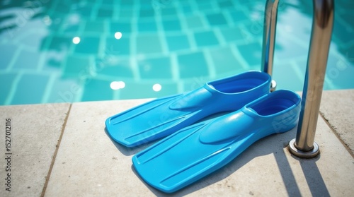 Blue swim fins resting beside a swimming pool ladder on a bright sunny day.