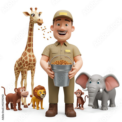 Zoo keeper with animals 3 d cartoon illustration on white background