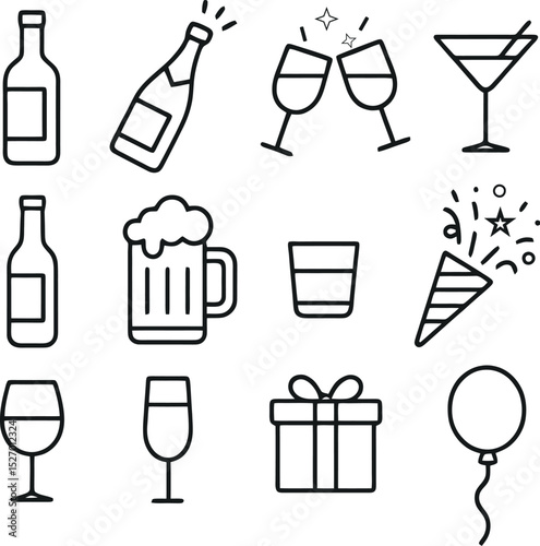 Celebration and party icon pack featuring drinks, glasses, gifts and festive elements. Ideal for event promotions and social visuals.