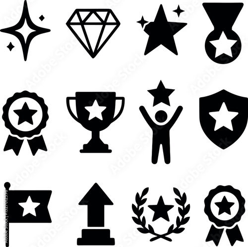 Black icon pack with stars, ribbons, trophies and shields representing excellence, recognition, leadership and celebration.