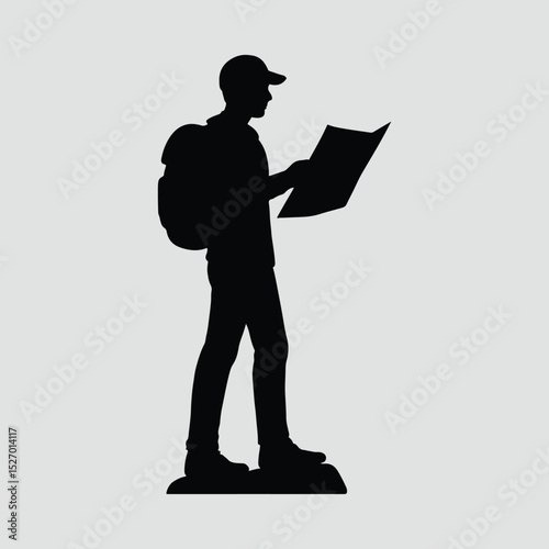 Hiker with backpack reading map flat design Silhouette Vector