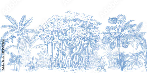 Blue toile tropical vintage botanical palm trees, banana tree, plants, banyan tree seamless border white background. Graphic jungle mural.