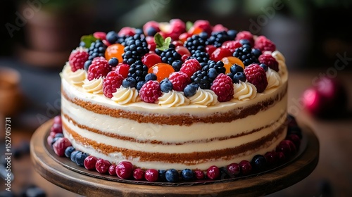 This delectable cake is adorned with an array of fresh, vibrant berries.
