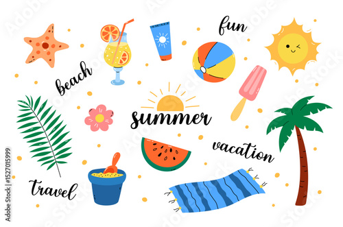 Summer clipart set. Vector illustration collection of cute elements like sun, palm tree, beach items and watermelon. Summer vacation, travel design