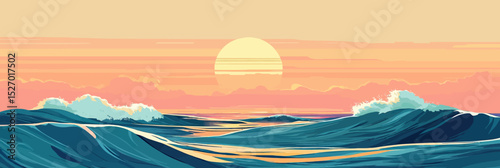 Minimalist flat vector illustration of ocean waves at sunset with bright sun and calm sea horizon in warm soft colors