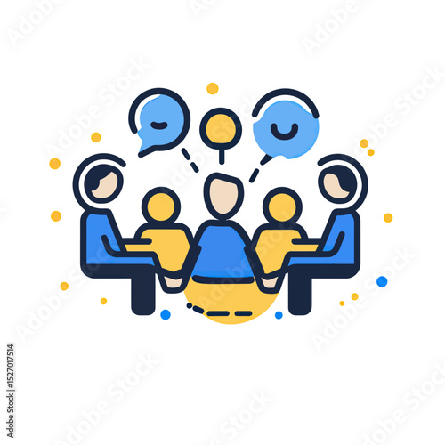 Vector illustration of diverse group people in discussion sharing ideas symbolizing teamwork communication and collaboration in minimalist flat style
