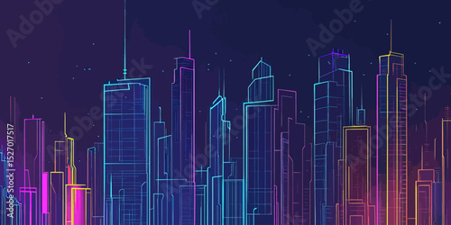 Neon colorful continuous line cityscape skyline with modern skyscrapers and urban buildings in minimal vector style on dark background