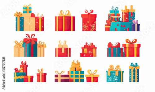 Colorful gift boxes and presents with ribbons and bows in various sizes stacked set for celebrations and holidays vector illustration flat design