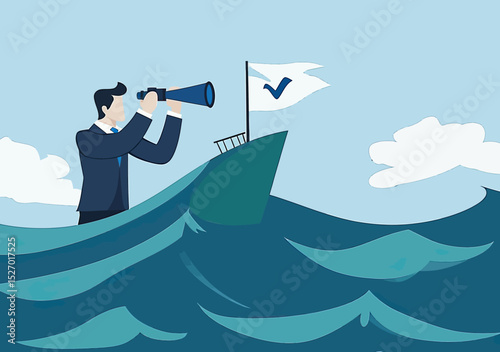 Businessman standing on ship bow using binoculars to search horizon for opportunity on ocean with flag in cloudy sky flat vector illustration