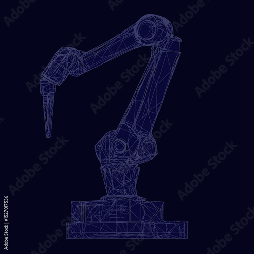 3D wireframe robotic arm industrial automation machine technology digital engineering polygonal vector illustration on dark blue background