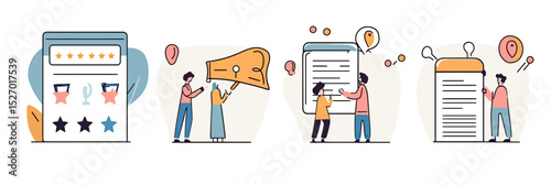 User feedback and online survey concept with people giving star ratings, writing comments, and sharing opinions on digital devices in flat minimalist style vector illustration