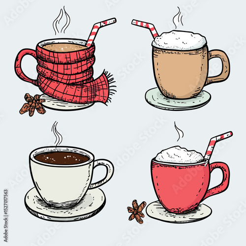 Hand drawn winter coffee and hot drinks set with steaming cups and mugs wrapped in scarves, whipped cream toppings, and striped straws in flat minimalist style vector illustration