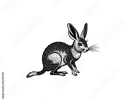 woodcut linocut engraving black ink print style illustration of a long eared jerboa mouse