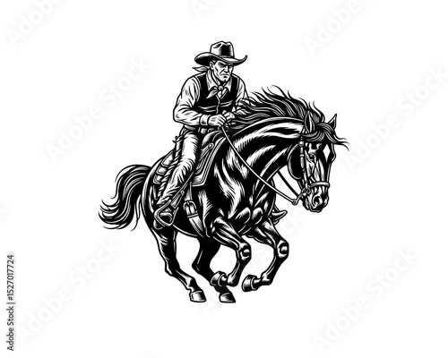 woodcut linocut engraving black ink print style illustration of a cowboy from wild west riding his black stallion horse