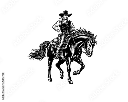 woodcut linocut engraving black ink print style illustration of a cowboy from wild west riding his black stallion horse
