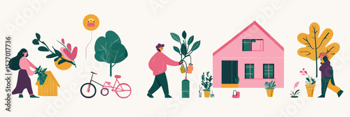 Sustainable lifestyle illustration with diverse people planting trees near pink eco friendly house using bicycle and nature elements in flat vector style