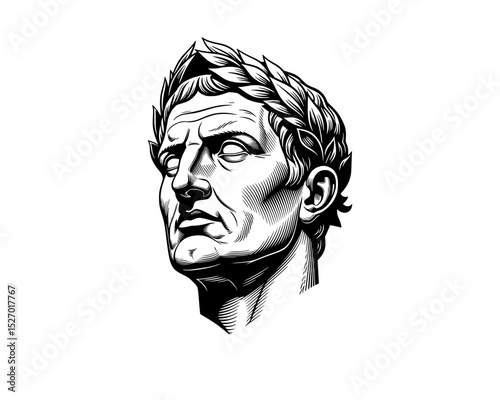 woodcut linocut engraving black ink print style illustration of a portrait of a head statue of Julius Cesar of ancient greek