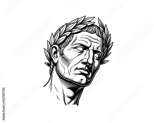 woodcut linocut engraving black ink print style illustration of a portrait of a head statue of Julius Cesar of ancient greek