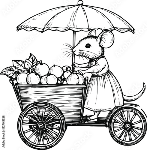 Hand Drawn Whimsical Mouse Selling Fruit on a Cart