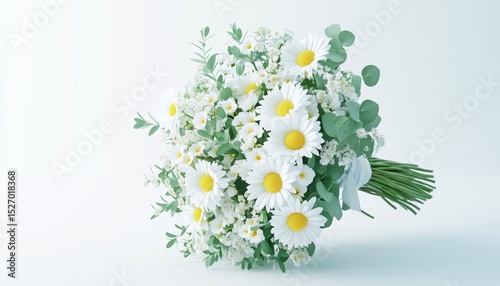 Stunning Wedding Bridal Bouquet With White Roses, Astromas, Yellow Daisies, And Eucalyptus. Ideal For Wedding, Engagement, And Bride And Groom. photo