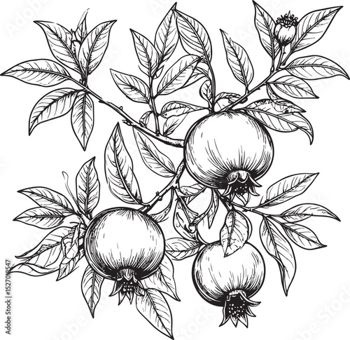 Pomegranate Branch with Fruits and Leaves, Hand Drawn