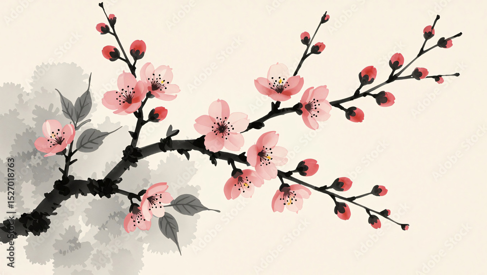 Naklejka premium Elegant cherry blossom branch with pink flowers in a traditional asian artistic style ideal for art design and decorative applications