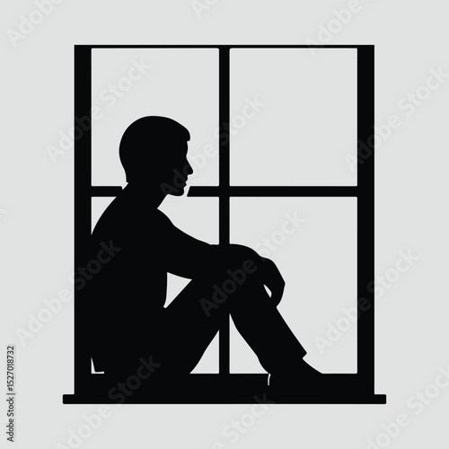 Lonely man sitting by the window Silhouette Vector