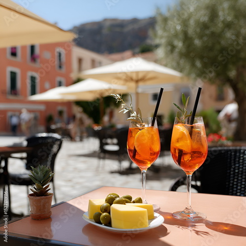 Aperol Spritz in a wine glass on a wooden table, and sun umbrellas in background