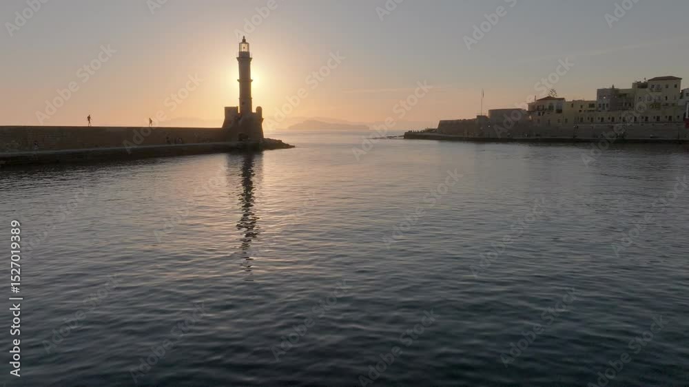 Chania town by night, Lighthouse, Drone shot, Crete, Greece, Aerial view of Chania with the amazing lighthouse, Beautiful Old city, Greece and best scenic places - panorama of picturesque old town Chania town by night, Lighthouse, Drone shot, Crete, Greece, Aerial view of Chania with the amazing lighthouse, Beautiful Old city, Greece and best scenic places - panorama of picturesque old town