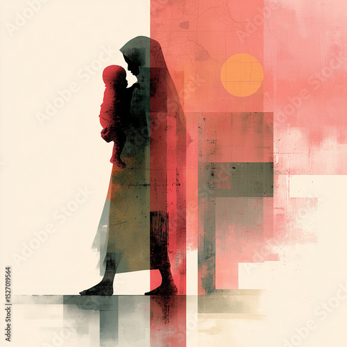 Silhouette of refugee mother holding child against abstract backdrop, concept of Human Rights Day  