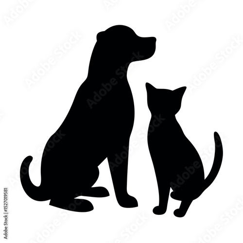 Dog and cat black pet silhouette vector illustration, farm animal black and white dog and cat sitting silhouette EPS.