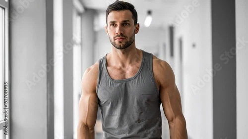 Wallpaper Mural Confident Muscular Man Walking in a Modern Hallway Displaying Strength and Determination Torontodigital.ca