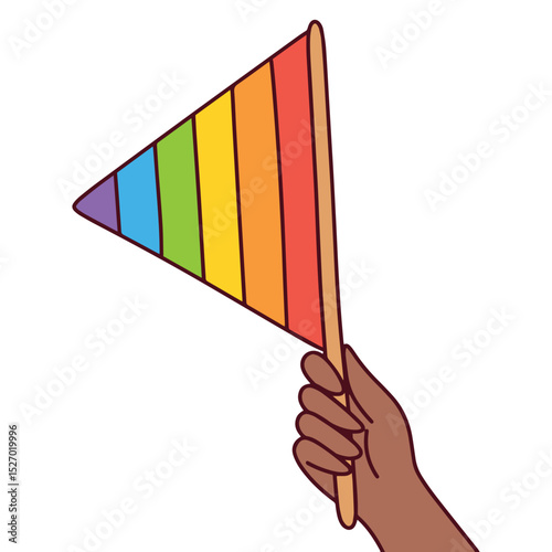 Dark black brown skinned girl. Dark-skinned hand holds triangle rainbow flag. Symbol of LGBT pride, empowerment, and racial inclusion in queer community