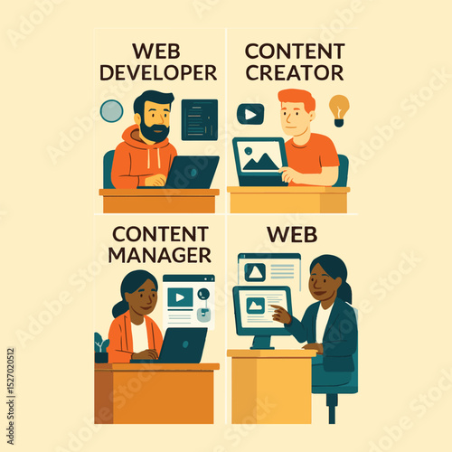 montage of scenes featuring experts in the production and administration of digital material. In a contemporary office setting, a web developer, content manager, and creator carry out their duties.
